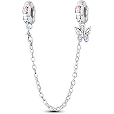 Parmuz 925 Sterling silver Safety Chain Charm Dangle Pendants Clip Beads for Bracelet Love Butterfly Evil Eye Stopper Spacer Charm for Woman