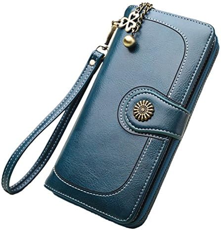 Women's RFID Blocking Large Capacity Leather Clutch Wallet with Wrist Strap
