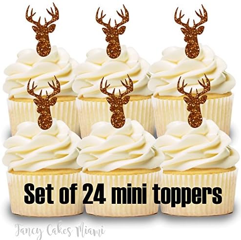 24 Cupcake Toppers BROWN GLITTER DEER WOODLAND BIRTHDAY PARTY BRIDAL BABY SHOWER WEDDING DECORATIONS