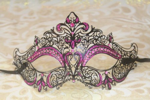 Mysterious Black w/ Pink with Gem and Glitter Laser Cut Venetian Swan Design Masquerade Mask for Mardi Gras Or Halloween by RoyalVenetian