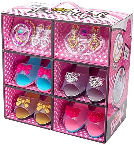 JaxoJoy Shoes And Jewelry Boutique – Little Girl Princess Play Gift Set With 4 Pairs Of Shoes, Collection Of Earrings, Bracelets Rings