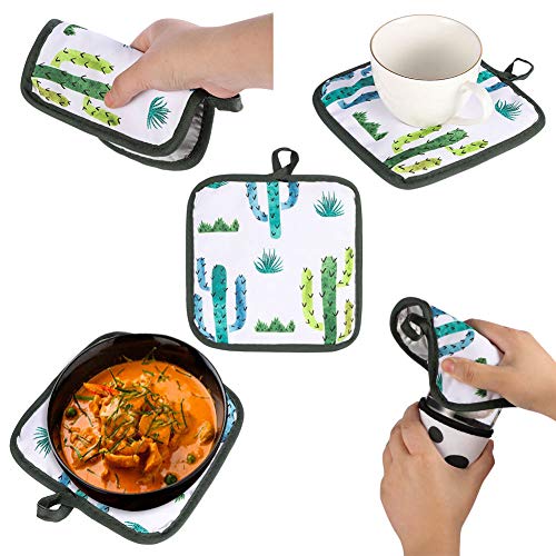 AhlsenL Heat Resistant Oven Mitts + 2 Cotton Pot Holders Non Slip Oven Gloves for Kitchen Cooking Baking, BBQ, Grilling Machine Washable(Cactus) - Thumbnail 3