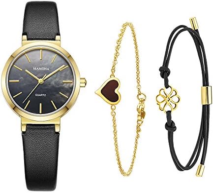 Ladies Quartz Mother Of Pearl Watch-MAMONA Gold Black and Leather Band Women bracelet set 3876LBKTS