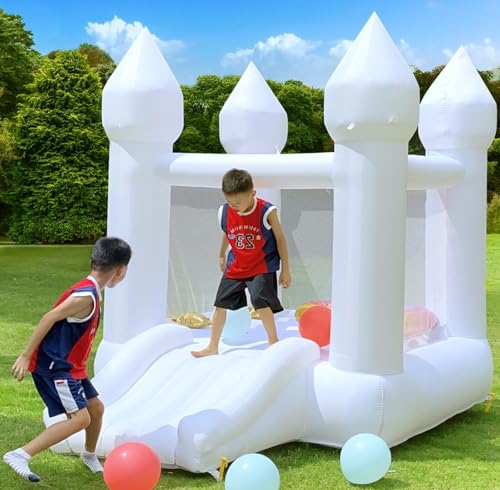 Photo 1 of Small Inflatable Bounce House, White Bounce House Jumping Castle with Slide, Blower, Patches, Floor Mat, Stakes, Storage Bag (for 2 Kid, 3-6 Years), Oxford Durable Sewn