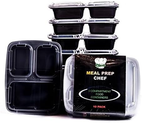 Meal Prep 3-Compartment Plastic Food Containers| Bento Lunch Box with Lids| Storage Box| Stackable Portion Control| Reusable| Microwave| Dishwasher Safe| 10 Set with Plate Dividers| BPA FREE