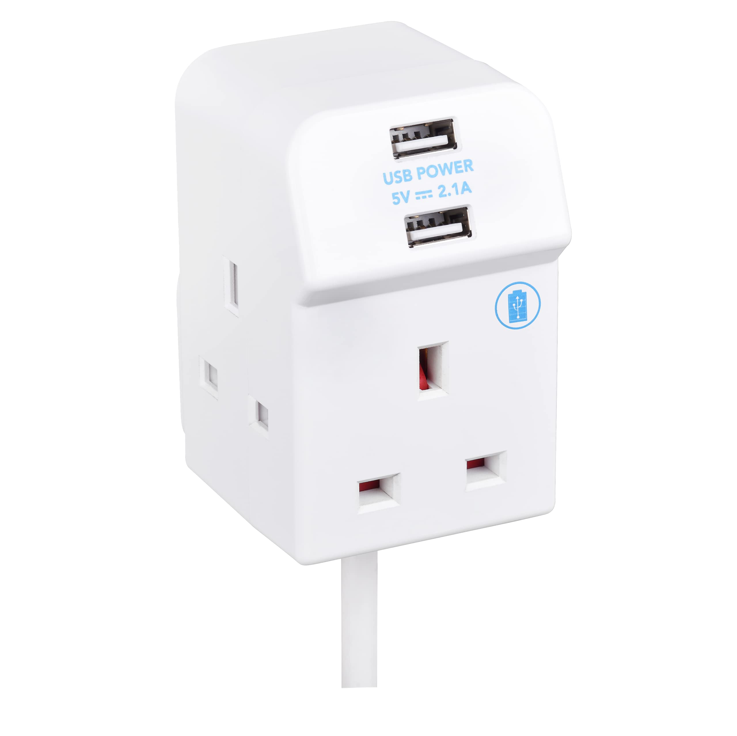 Masterplug Three Socket Compact Extension Lead with Two USB Charging Ports, 2 Metre Cable, White