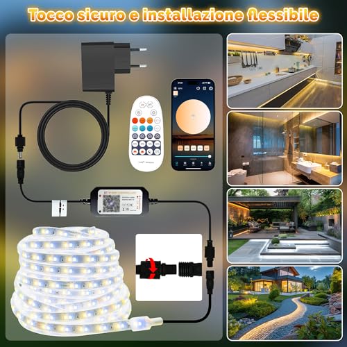 TENDIST 20M Waterproof Outdoor LED Strip IP67, Warm White Dimmable LED Outdoor Lights, Adhesive Strips with Remote Control & APP, Waterproof Strip 24 V for Outdoor Kitchen, Gazebo