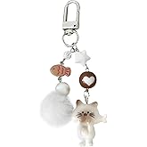 Angyape Y2K Cat Keychain Cute Fluffy Pom Pom Keychain Plush Purse Bag Charms for Handbags Fish Accessories Gifts for Women