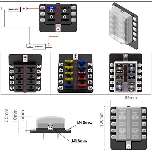 10-Way Fuse Box, 12 Volt Fuse Block with LED Warning Indicator Damp-Proof Cover Automotive Fuse Block for Car Boat Marine RV Truck