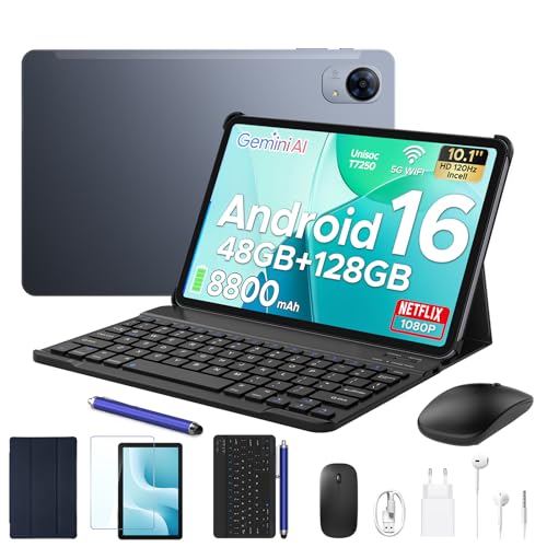 POPUX P10 Pro 16 Android Tablet, 10 Inch Tablet with Gemini AI, 120Hz Diaplay, 48G0+128GB/2TB, T7250 Octa-Core, 8800mAh, Widevine L1, 13MP+5MP, 5G WiFi, Tablet with Stylus & Keyboard, Grey