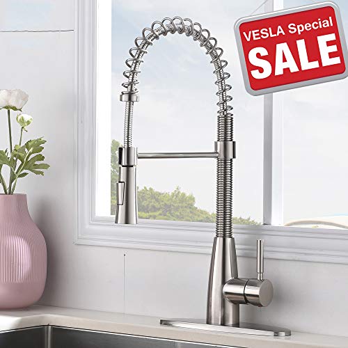 VESLA HOME Modern Commercial Stainless Steel Single Handle Pull Down Sprayer Head Brushed Nickel Kitchen Faucets, Sink Faucet Kitchen with Deck Plate - Thumbnail 7