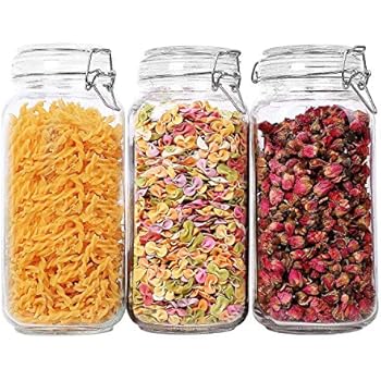 ComSaf Airtight Glass Canister Set of 3 with Lids 78oz Food Storage Jar Square - Storage Container with Clear Preserving Seal Wire Clip Fastening for Kitchen Canning Cereal,Pasta,Sugar,Beans,Spice
