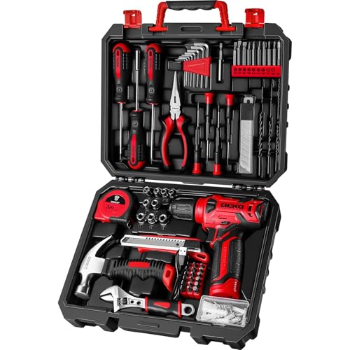 DEKO Complete Tool Box with Drill Driver 8 V Battery, 126 Pieces Case with Complete Set of Bits (Red)