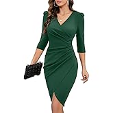 IHOT Women's 2026 Sexy V Neck 3/4 Sleeve Faux Wrap Ruched Sheath Bodycon Party Cocktail Work Dress