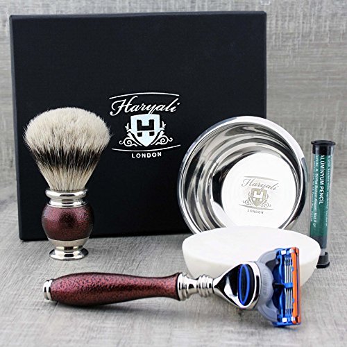 Haryali London 5 Edge Cartridge Razor with Silver Tip Badger Hair Shaving Brush, Stainless Steel Shaving Bowl, Soap and Alum in Gift Box