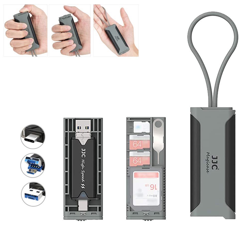 JJC Travel Memory Card Case Set with USB 3.0 Card Reader & Card Removal Tool in Slot for SD x 1 + TF/MSD x 2 + Nano SIM x 1, SD Card Holder Carrying Storage Box - Gray