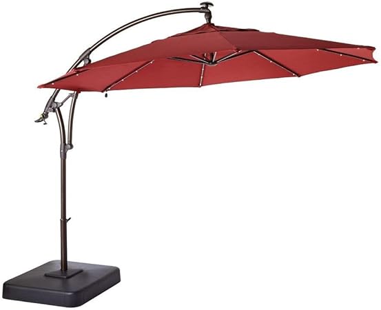 Amazon Com Hampton Bay 11 Ft Led Round Offset Patio Umbrella In Red Garden Outdoor