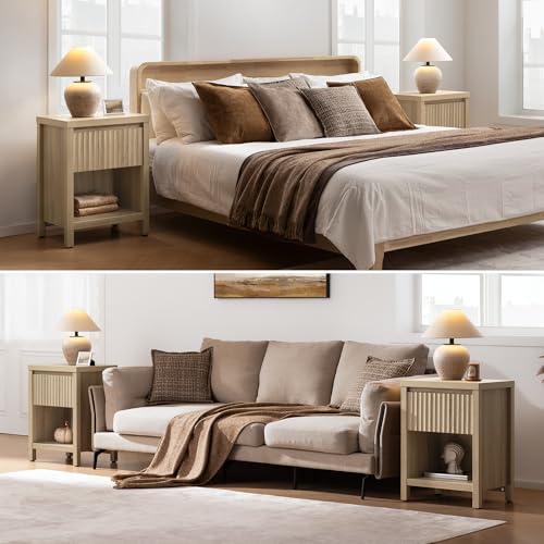 SICOTAS Fluted Night Stand Set of 2, Farmhouse Nightstands with Drawer, Boho Bedside Table with Storage Shelf, Large End Tables Bed Side Tables for Bedroom, Light Oak