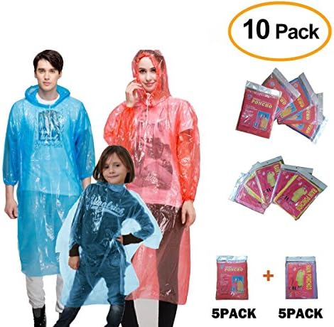 CLEYCYE Rain Ponchos, Family Pack Emergency Disposable Rain Poncho 5pcs Adult Poncho with Hood and 5pcs Kids Poncho, Lightweight for Picnic Camping School Park Hiking Sports Outdoor Activities, 10pack