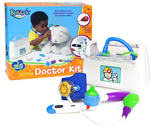 Kidoozie Little Doctor Kit â€“ Includes Stethoscope, Blood Pressure Gauge, Reflex Hammer, Thermometer, Squeaking Syringe, Auriscope, Laryngoscope, Pretend Bandage, and Bag â€“ Ages 24 Months And Up