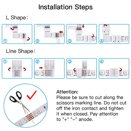 Led Strip Light Connectors, L Shape 4 Pins Light Strips Solderless Connectors for 5050 3528 SMD RGB with 3Pcs 4-pin Male Connector 10-Pack 10mm Line Shape Connectorss 12V 72W Clip - Thumbnail 5