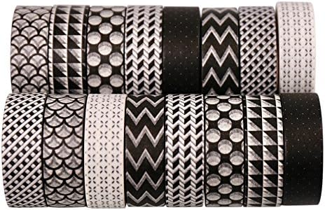 Premium Washi Masking Tape Collection (SET OF 16) by Kimono Tape - Vibrant Decorative Japanese Paper Tapes - Special Edition III (Dark Geo)