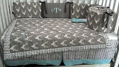 Woodland 1 to 4 Piece baby boy nursery crib bedding Quilt, bumper, and bed skirt, Buck, deer, fawn, head silhouette, Grey deer head panel with birch trees