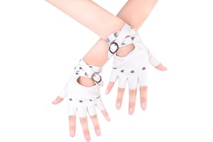 JISEN Women PU Leather Punk Gloves Rivets Belt Up or Snap Half Finger Performance Mittens