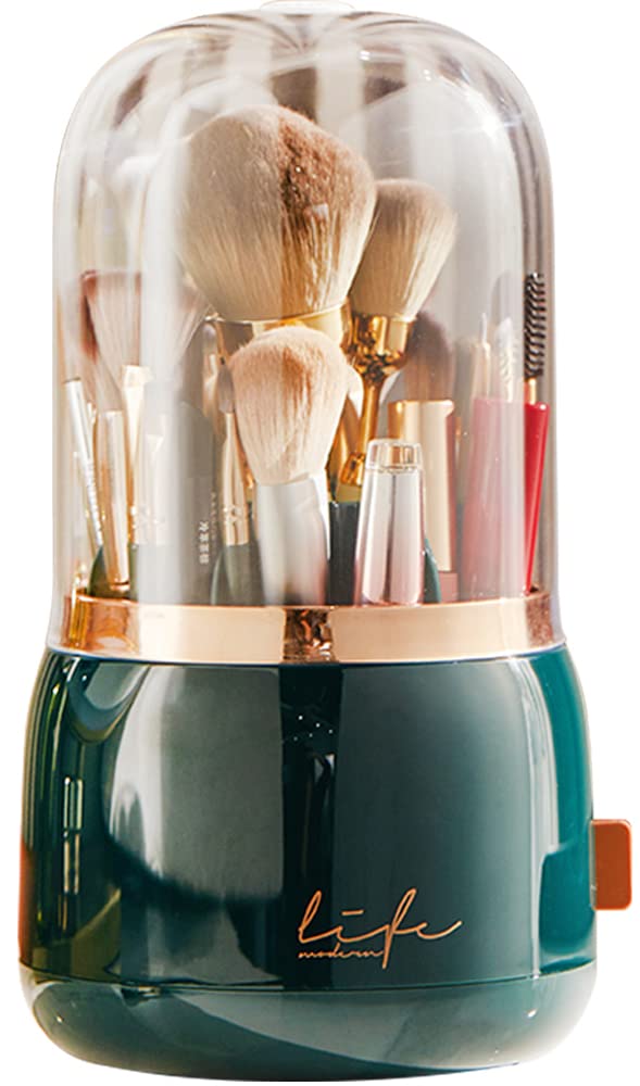 Bingobang Makeup Organiser Brush Holder 360 Rotating with Dustproof Lid, Spinning Cosmetic Organizer Acrylic, Storage for Lipstick, Lip Gloss, Eyeliner, Bedroom, Bathroom (Dark Green)