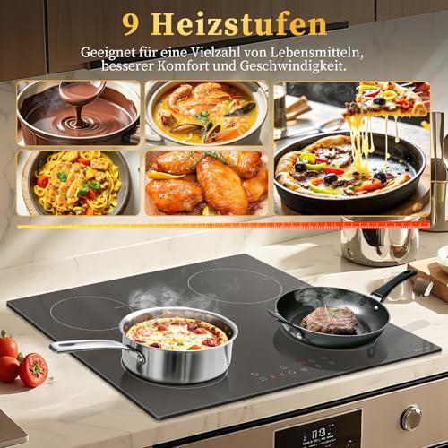 NOXTON Induction Hob 60 cm with Plug, 4 Plates with 3500 W, Self-sufficient Installation Induction Hob, Touch, 9 Heat Settings, 1-99 Min Timer, Child Lock, Automatic Shut-Off