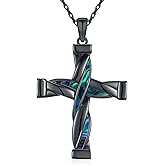 CHENGHONG Black Cross Necklace for Men Women S925 Sterling Silver Abalone Cross Pendant Necklaces Faith Religious Jewelry