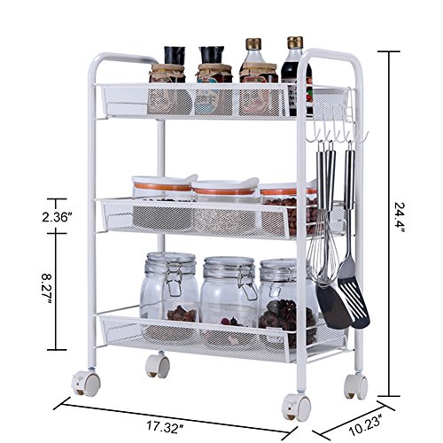 JS HOME 3-Tier Rolling Cart Kitchen Storage Cart Mesh Wire, White