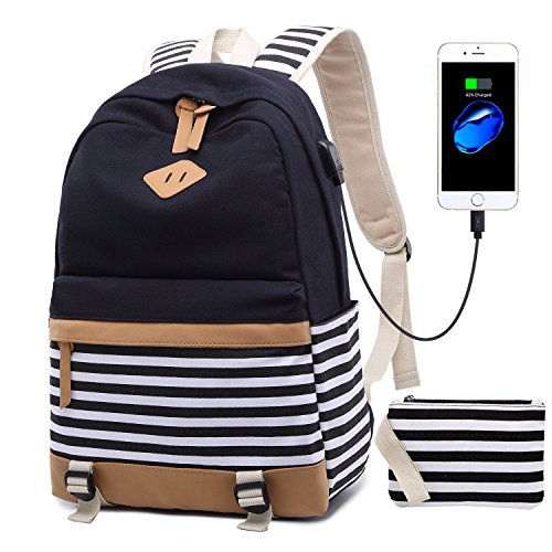 Canvas Backpack Travel Womens Laptop Backpack with USB Charging Port 15.6 inch Casual Daypack Teen Girls Black