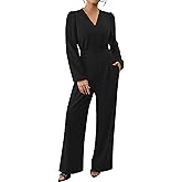 chicyes Women's Jumpsuits Dressy Spring Long Sleeve V Neck Wide Leg Pants Romper Casual Fall Vacation Travel Outfits