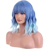 iChicHair 14 Inch Blue Ombre Wavy Wig for Women Blue Wig Short Curly Wig with Bangs Ombre Blue Wig Shoulder Length Wigs for Cosplay Party Daily Use