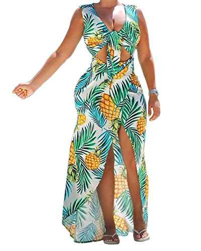 Women's Sexy V Neck Cut Out Tie Bow Summer Stripe Pineapple Leaf Tropical Print High Split Party Evening Long Maxi Dress