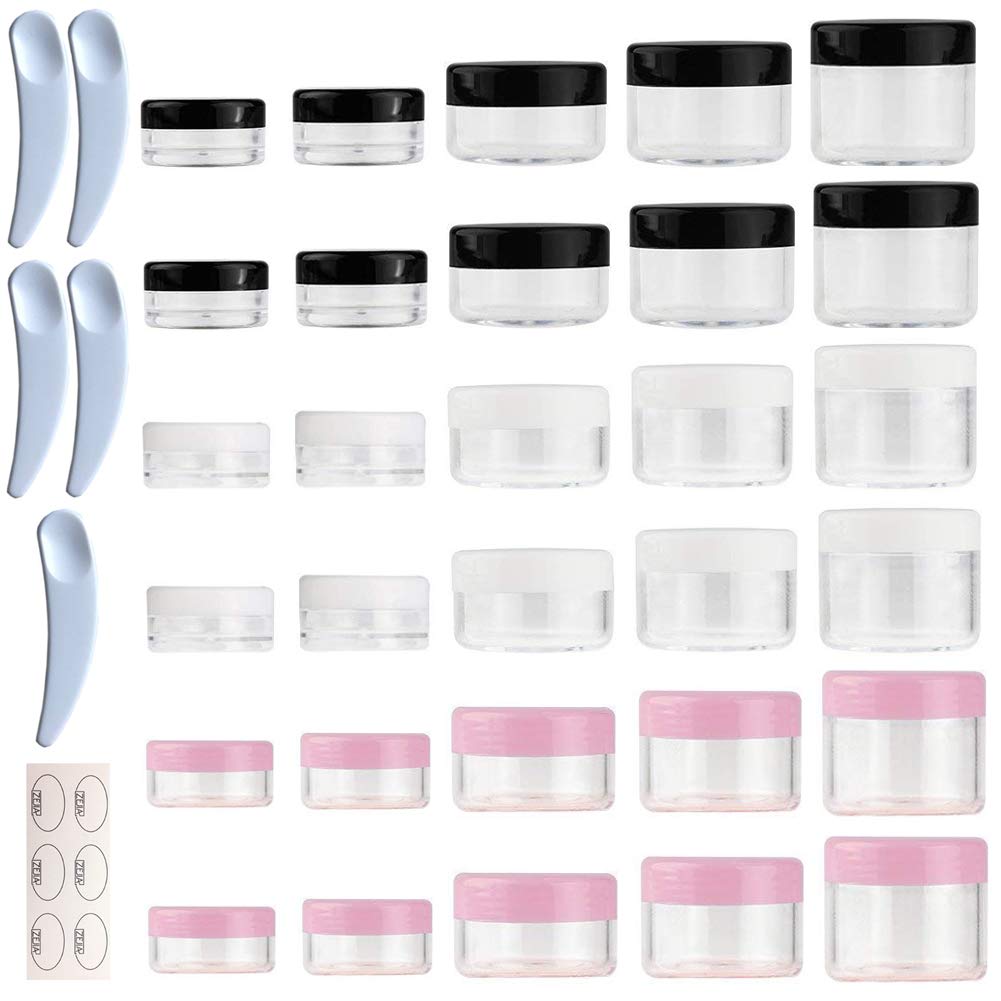 ZEJIA 30 Pieces Sample Containers with Screw Lids,5 Size 3/5/10/15/20 Gram Cosmetic Containers with 30pcs Labels and 5pcs Mini Disposable Spatula,for Makeup Eye Shadow Powder Lotion Jewelry — image 1