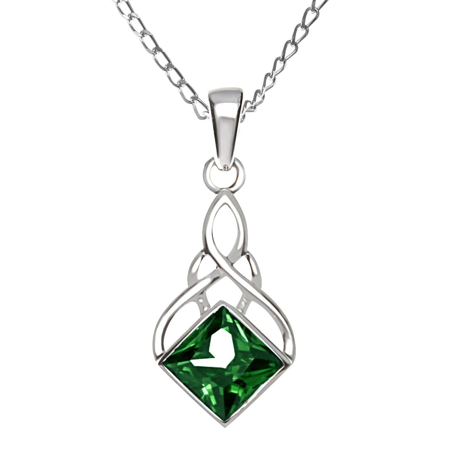 Alexander Castle Solid 925 Sterling Silver & Green CZ Celtic Pendant Necklace for Women - Celtic Jewellery with 18" Silver Chain & Jewellery Gift Box - 22mm x 12mm