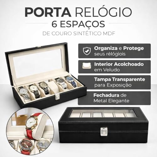 Estojo Porta Relógios Premium para 6 Unidades com Visor Transparente, Interior em Veludo e Compartimentos Individuais