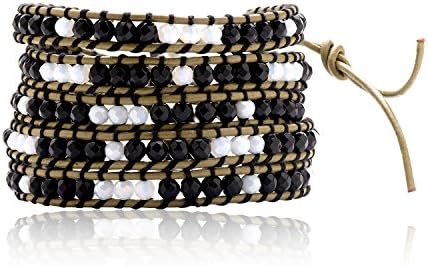 Vintage Boho Gemstone Beads Leather Wrap Bracelet with Mixed Agate Colorful Beads