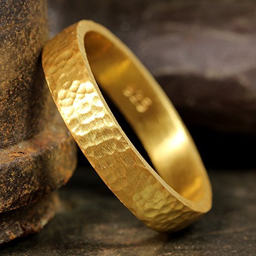 4mm Wedding Band 24K Yellow Gold Vermeil 925 Sterling Silver Hand Forged Hammered Mens Women Unisex Flat Pipe Cut Thick Handmade Ring - FREE Engraving