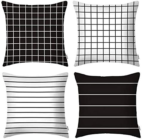 DANLIA Couch Decorative Throw Pillow Covers, Black White Grid Strip Velvet Farmhouse Geometric 18x18 Cushion Cases,The Office Merchandise Gift Apartment Decor Set of 4