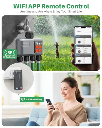 johgee 4 Way WiFi Irrigation Timer with RF 300M Technology, WiFi Irrigation Control, Compatible with Alexa & App, Watering Timer with 2 Modes & Rain Delay for Garden, Lawn
