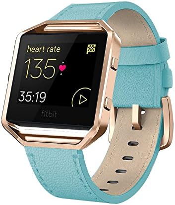 Fitbit Blaze Bands Leather with Frame Small &amp; Large (5"- 7.1"), AndyouGenuine Leather Replacement Band with Silver/Rose Gold/Black Metal Frame for Fitbit Blaze Women , Blue Small