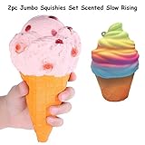 2pc Jumbo Squishies Set Rainbow Ice Cream Cone Scented Slow Rising Squeeze Squishies Toy Stress Relief Decorations Toy Great Gift for Adults and Kids, Party Birthday Toys