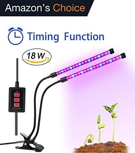 [2018 UPGRADED] Aitere 18W Timer Grow Lights for Indoor Plants/Grow Lamps for Seedlings, Aitere Dual Head 36 LED Chips with Red/Blue Spectrum,Adjustable Gooseneck, 3/6/12H Timer, 5 Dimmable Levels