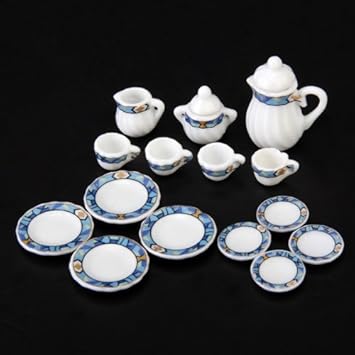 Bighub Dollhouse Miniature Dining Ware Porcelain Tea Set (White and Blue, 15 Pieces)