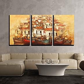 3 Piece Canvas Wall Art - Boats on The Island Harbor,Handmade Oil Painting on Canvas - Modern Home Art Stretched and Framed Ready to Hang - 16"x24"x3 Panels
