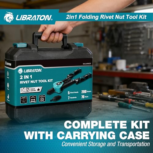 LIBRATON 2 in 1 Folding Threaded Insert Rivet Pliers, 7 Mandrels (M3-M12) & 5 Bits (2.4-6.4mm), Includes 70 Crimp Nuts and 200 Pop Rivets, Powerful Manual Tool for Auto and DIY