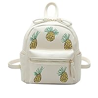 YSMYWM Womens PU Leather Embroidery Pineapple Backpack School Satchel Shoulder Bag (White)